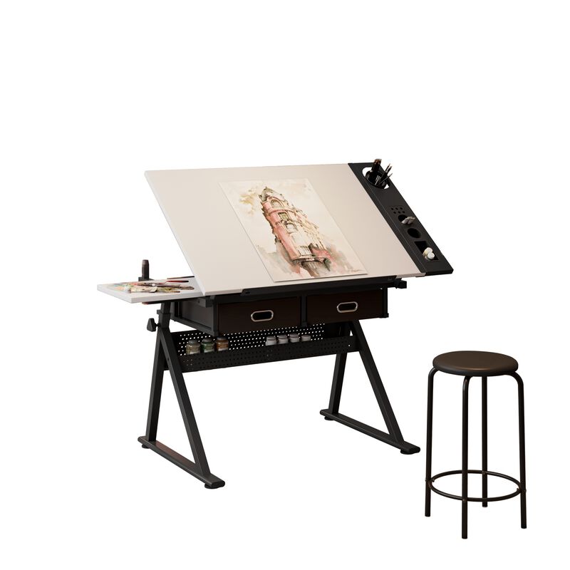 GOODSILO Adjustable Tilting Drafting Table Desk with Storage Drawers and Included Stool for Artists and Students image number 0