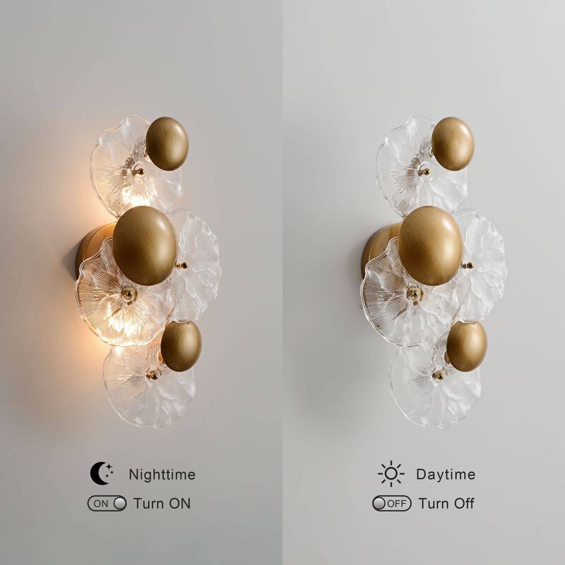 Flora 2-Light Brushed Brass Glass Flower Wall Sconce - 9" W x 16" H x 5.5" D image number 6