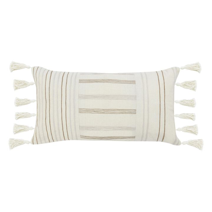Pini Lumbar Throw Pillow, Boho Striped Design, 14x26 Inch Beige Linen - Benzara