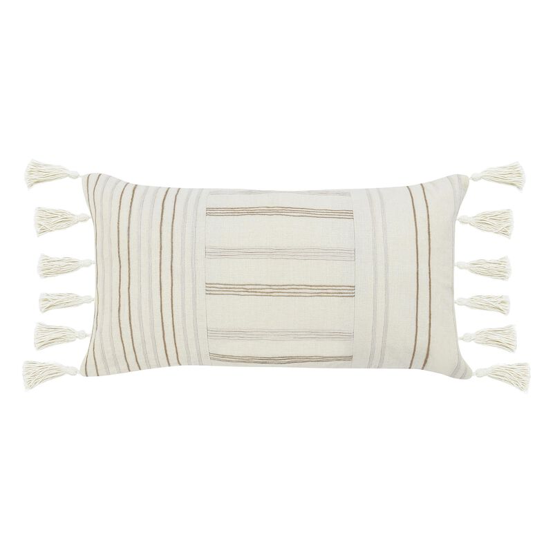 Pini Lumbar Throw Pillow, Boho Striped Design, 14x26 Inch Beige Linen - Benzara