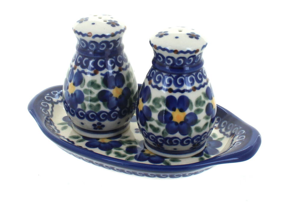 Blue Rose Polish Pottery Garden Butterfly Salt & Pepper Shakers with Tray