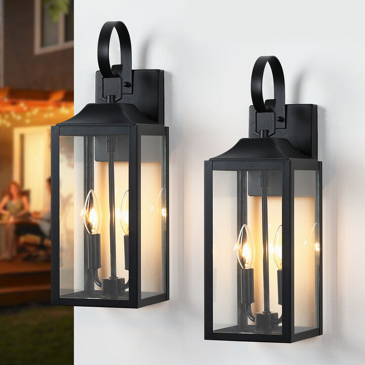 19 in. Modern Farmhouse Black 2-Light Dimmable Outdoor Wall Lantern with Clear Glass Shade(Set of 2)
