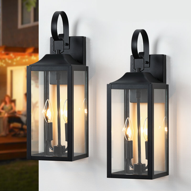 19 in. Modern Farmhouse Black 2-Light Dimmable Outdoor Wall Lantern with Clear Glass Shade(Set of 2) image number 1