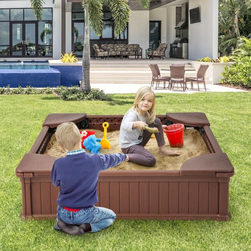 Hivvago Kids Outdoor Sandbox with Oxford Cover and 4 Corner Seats
