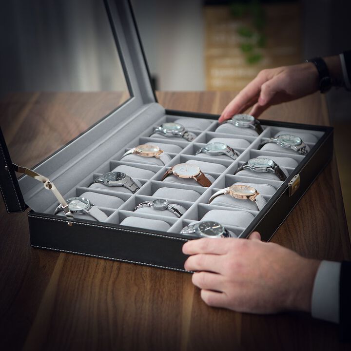 24 Slot Watch Organizer Box with Glass Lid Lockable Display Case