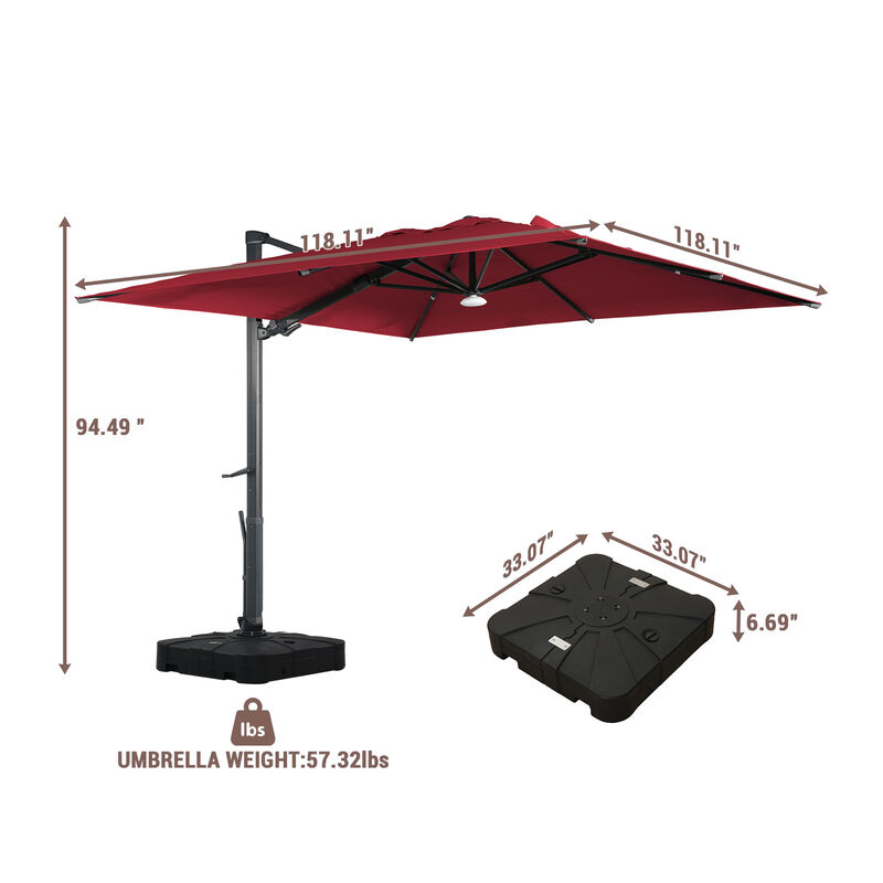 MONDAWE 10 ft. Square Outdoor Cantilever Umbrella Aluminum Frame Tilting Parasol with Detachable Bluetooth LED Light Panel and Weighted Based