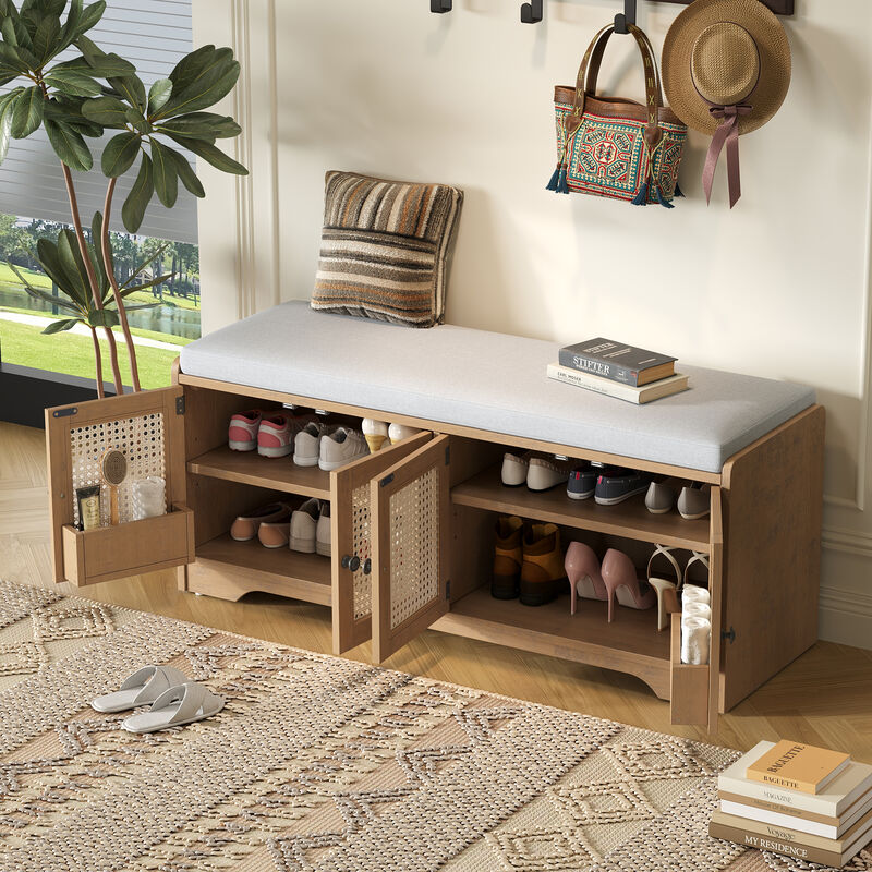 Merax Rustic Storage Bench with Woven Rattan Doors, 2 Adjustable Shelves image number 3