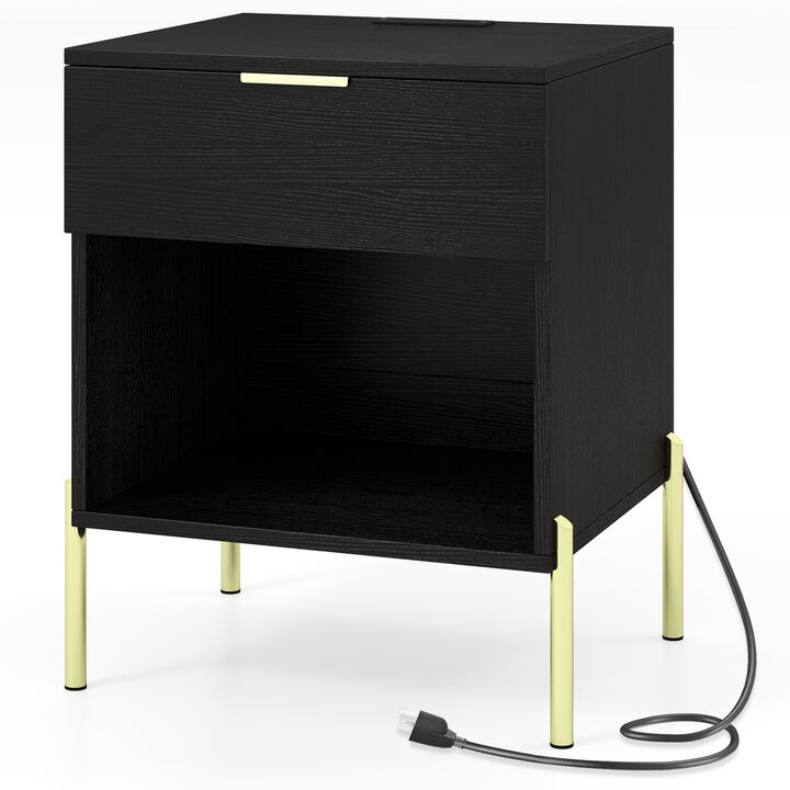 Modern Bedside Table with Built-In Charging Station and Storage