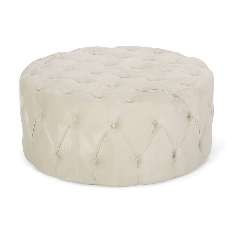 Vivan Ottoman, Tufted Beige Velvet, Soft Cushions, Round 40 Inch Top - Benzara
