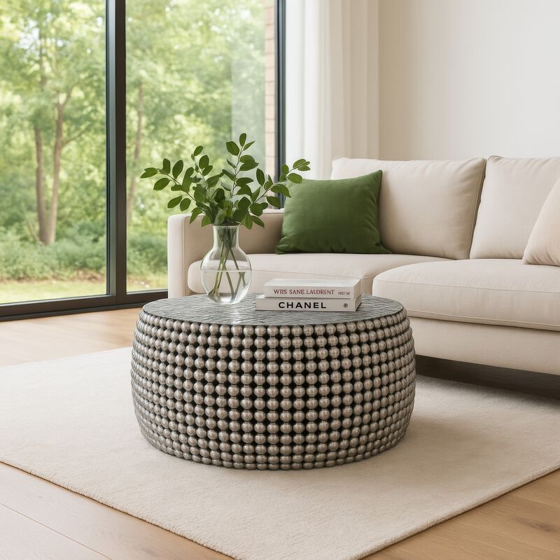 Eve 32" Coffee Table | Silver Metallic Beads Studded Pattern | Nickel Coated Iron Frame