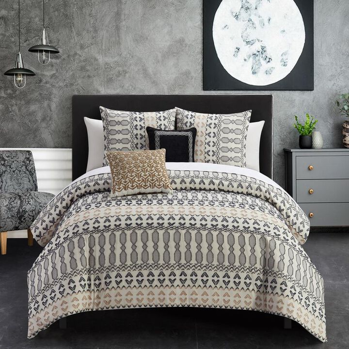 Chic Home Gabriella Cotton Comforter Set Farmhouse Theme Geometric Striped Pattern Design Bedding - 5-Piece - King 104x92", Beige