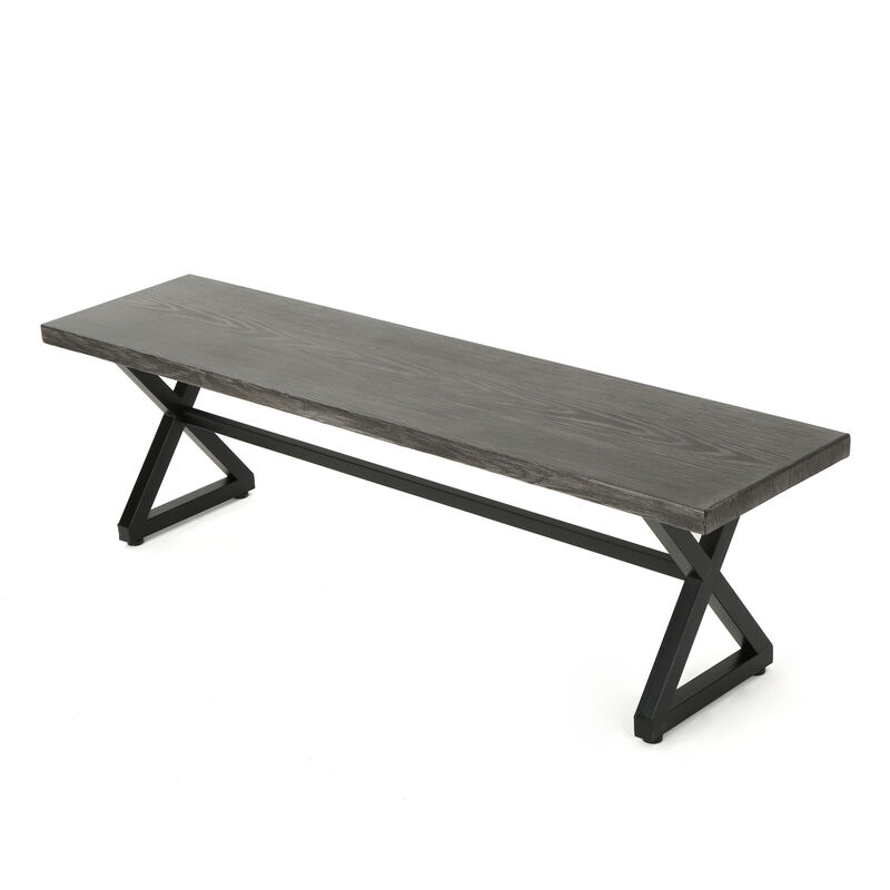 Romita Outdoor Dining Bench, X Shape Legs, Gray Metal, Black Steel, 63 Inch - Benzara