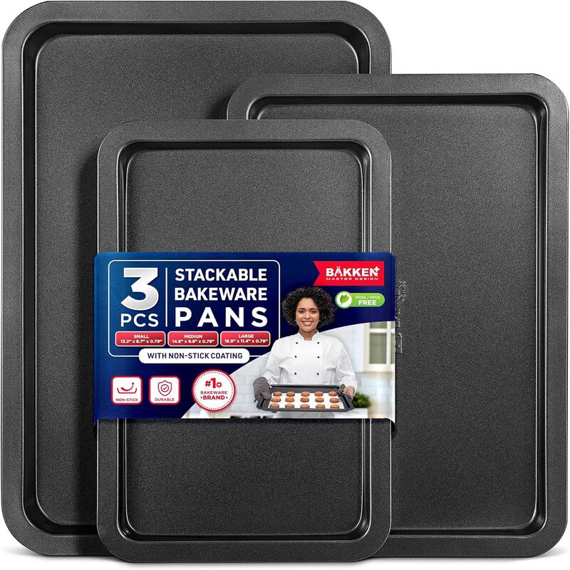 3 Piece Set Nonstick Carbon Steel Oven Bakeware -Professional Quality Kitchen Cooking Baking Trays -PFOA, PFOS, PTFE-Free Small, Medium & Large Baking Sheet Pans