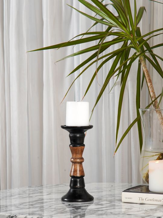 Traditional Dark Polish Eco-friendly Handmade Mango Wood Set Of One 9" Pillar Candle Holder
