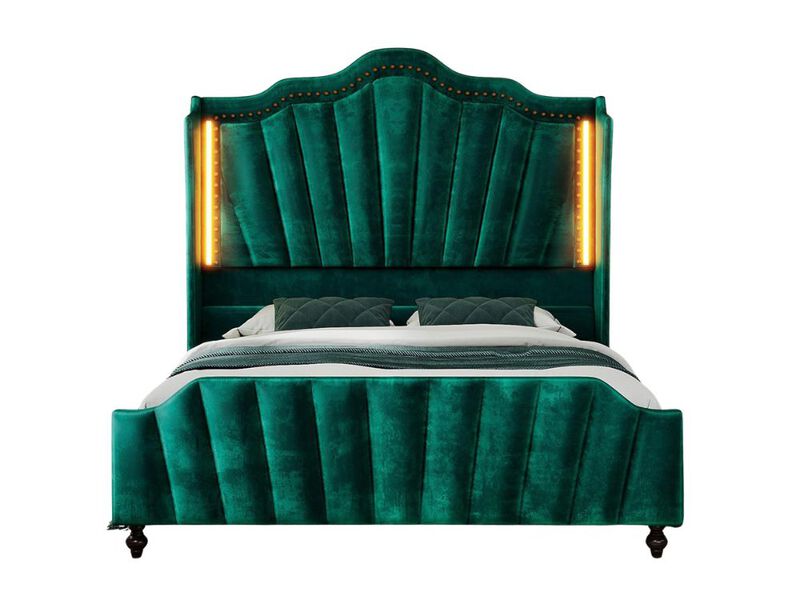 Queen Velvet Platform Bed &ndash; 60" Tall Wingback Headboard & Footboard with LED, Green image number 0