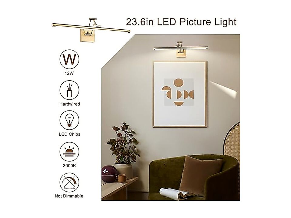 Brass Light LED Gold Art Hard Wired Frame Lights 24 Inch Gallery Wall Modern Arm