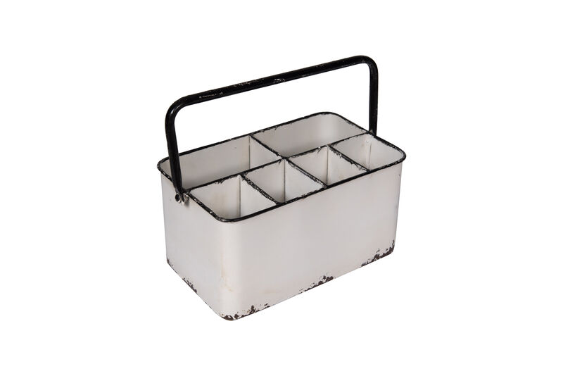 Metal Caddy with 6 Compartments, Handle, and Distressed Finish, White and Black image number 0