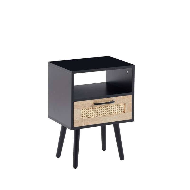 Rattan End table with drawer and solid wood legs, Modern nightstand, side table for living roon, bedroom, black