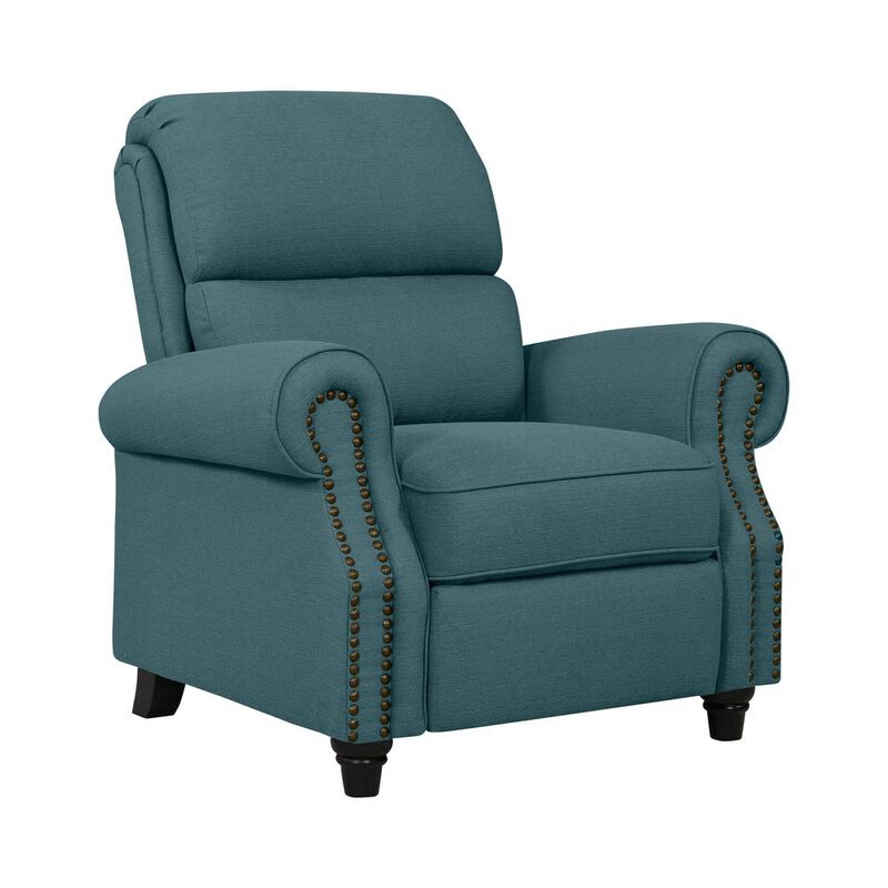 ProLounger Bustle-Back Pushback Recliner with Nailheads in Caribbean Blue Linen