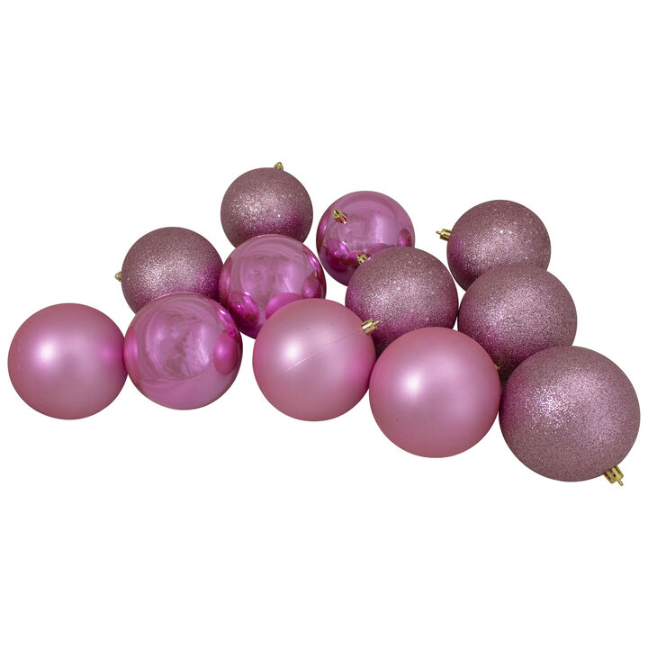 12ct Bubblegum Pink Shatterproof 4-Finish Christmas Ball Ornaments 4"