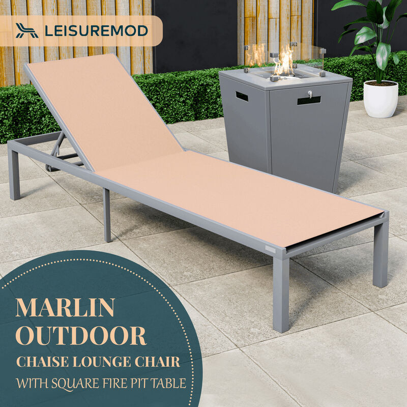 LeisureMod Marlin Modern Black Aluminum Outdoor Patio Chaise Lounge Chair in Grey Frame with Square Fire Pit Side Table