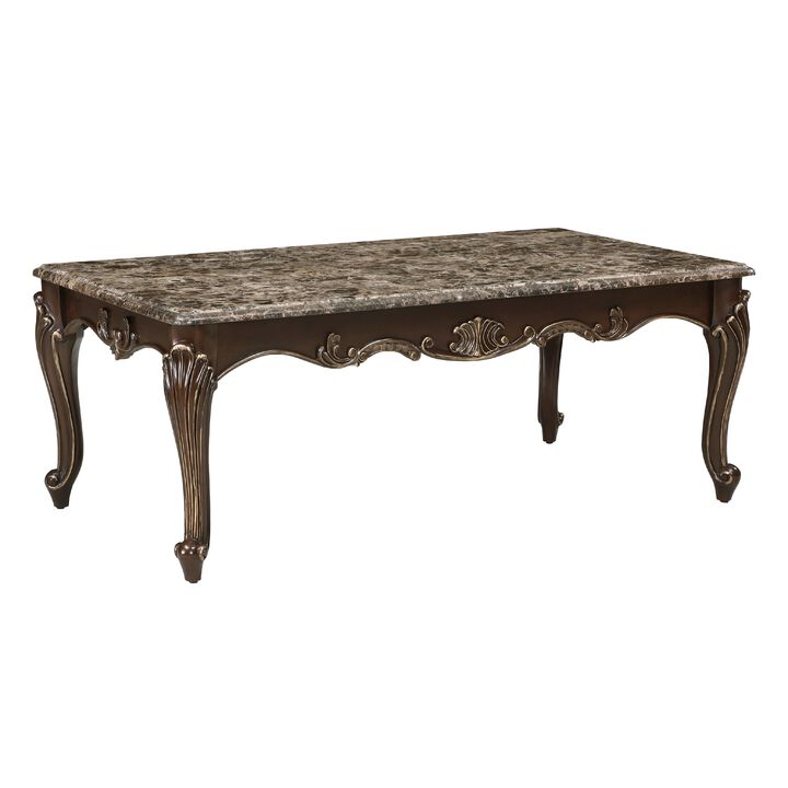 Hesar Coffee Table, 51 Inch Marble Top, Cherry Brown, Cabriole Legs