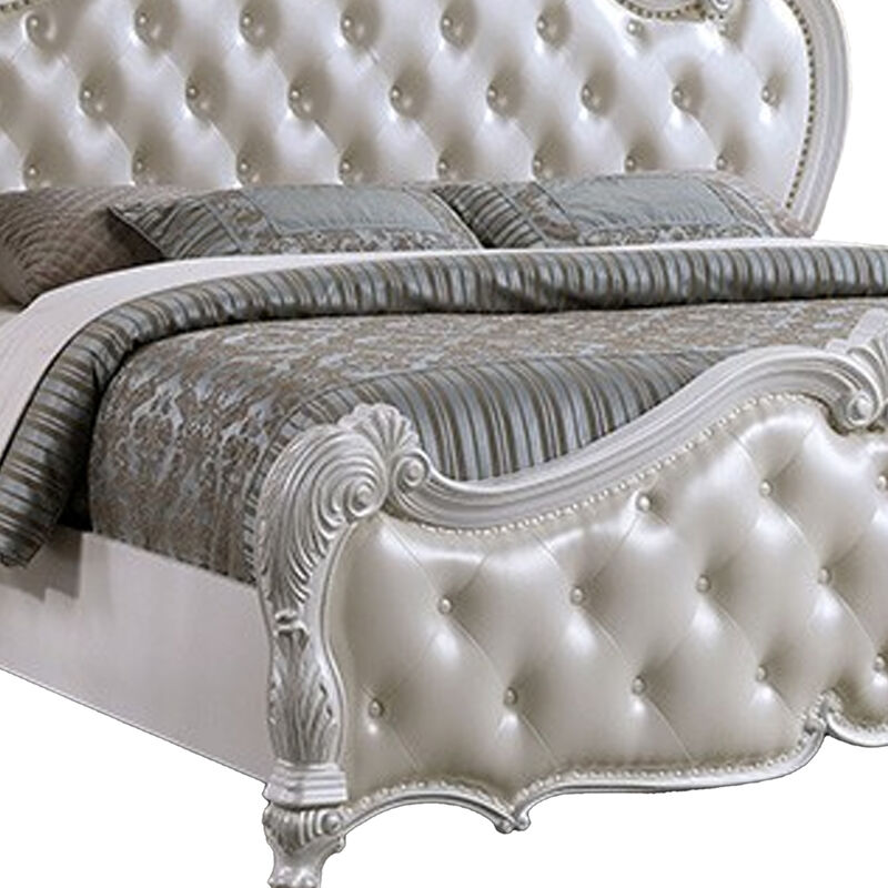 Venta Queen Size Bed, Pearl White Button Tufted Faux Leather Upholstery - Benzara