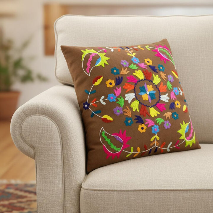 HomeRoots Set of Two 20" Brown And Pink Floral Cotton Throw Pillows with Embroidery