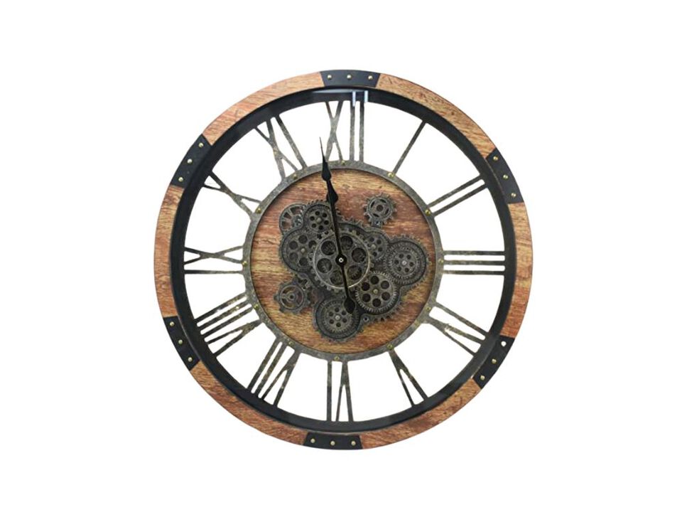 Real Moving Gears Toughened Glass Vintage Wall Clock 27 Inch Wood Brown