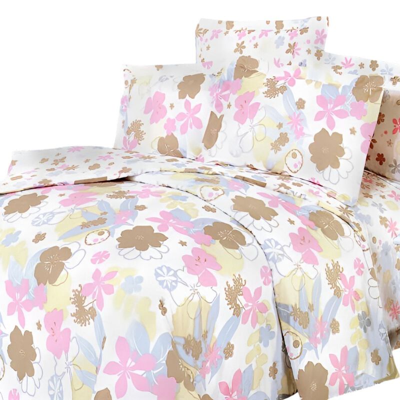 Pink Brown Floral Cotton King Duvet Cover Set with Pillow Shams image number 1