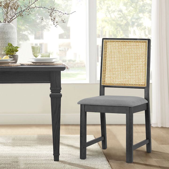 Glamour Home Set of 2 Gray Fabric Dining Chair High Rattan Back and Black Wood Legs