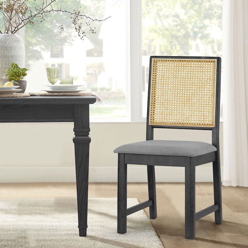 Glamour Home Set of 2 Gray Fabric Dining Chair High Rattan Back and Black Wood Legs