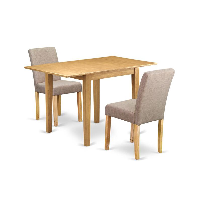1NDAB3-OAK-04 Dining Table Set 3 Pc - Two Dining Room Chairs and a Modern Dining Table - Oak Finish Wood - Light Fawn Color Linen Fabric