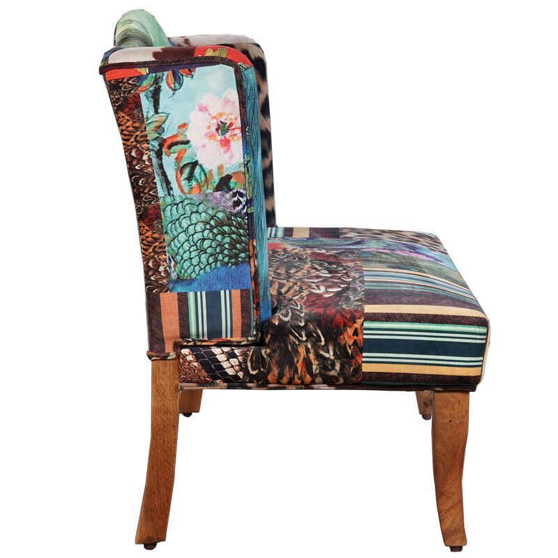 46 Inch Settee Loveseat Bench, Handcrafted Wingback Design, Bird Collage Print Velvet Fabric, Multicolor - Benzara