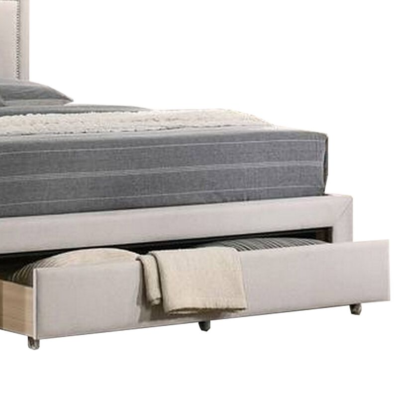 Buk Upholstered Tufted Queen Bed with Storage, Nailhead Trim, Ivory Burlap  - Benzara