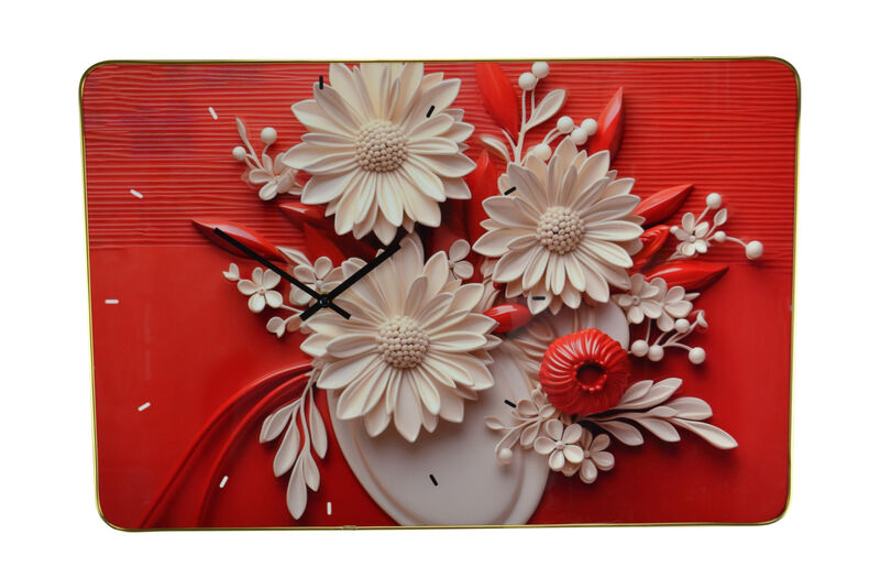 HomeRoots 24" White Red And Black Solid Wood and Acrylic Silent Analog Floral Wall Clock image number 2