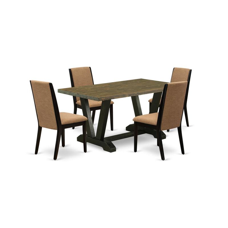 East West Furniture V676LA147-5 5-Piece Beautiful Dinette Set a Superb Distressed Jacobean Rectangular Dining Table Top and 4 Excellent Linen Fabric Padded Chairs with Stylish Chair Back, Wire Brushed