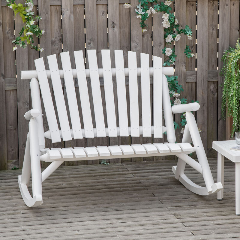 Outsunny Outdoor Wooden Rocking Chair, Double-person Adirondack Rocking Patio Chair with Rustic High Back, Slatted Seat and Backrest for Indoor, Backyard, Garden, White