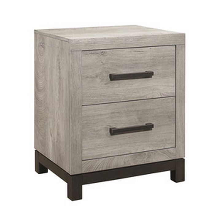 Deena 25 Inch Classic 2 Drawer Nightstand, Metal Handles, Wood Grain Gray - Benzara