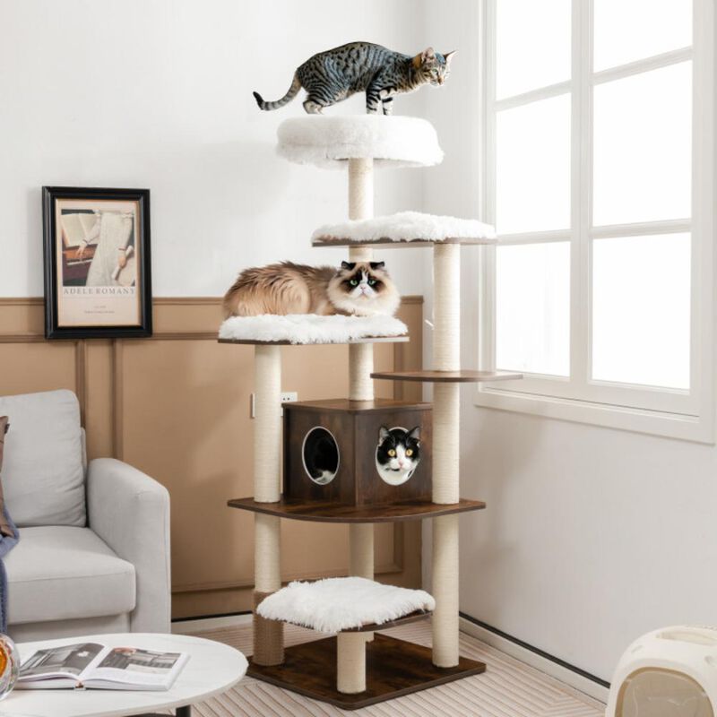 Hivvago 7-Layer Wooden Cat Tree Tall Cat Tower with Sisal Posts and Condo