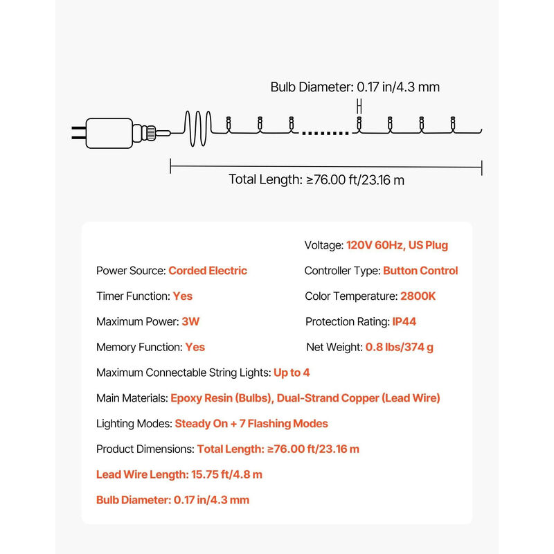 200 LED Christmas String Lights 76 Ft Warm White Connectable 8 Modes image number 2