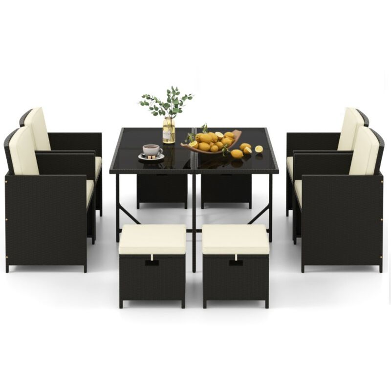 Mondawe 9-Piece Outdoor Dining Set W/ Foldable Wicker Chairs & Ottomans,A Glass Table & Cushions
