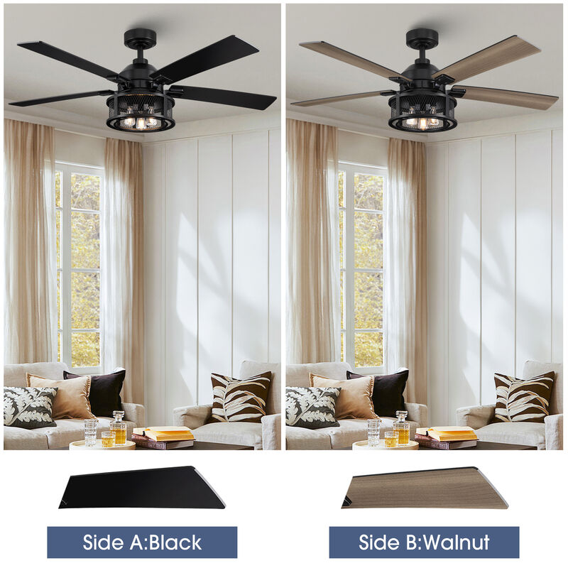 52 in. Industrial Mesh Metal Reversible Blades Black Ceiling Fan with Light and Remote