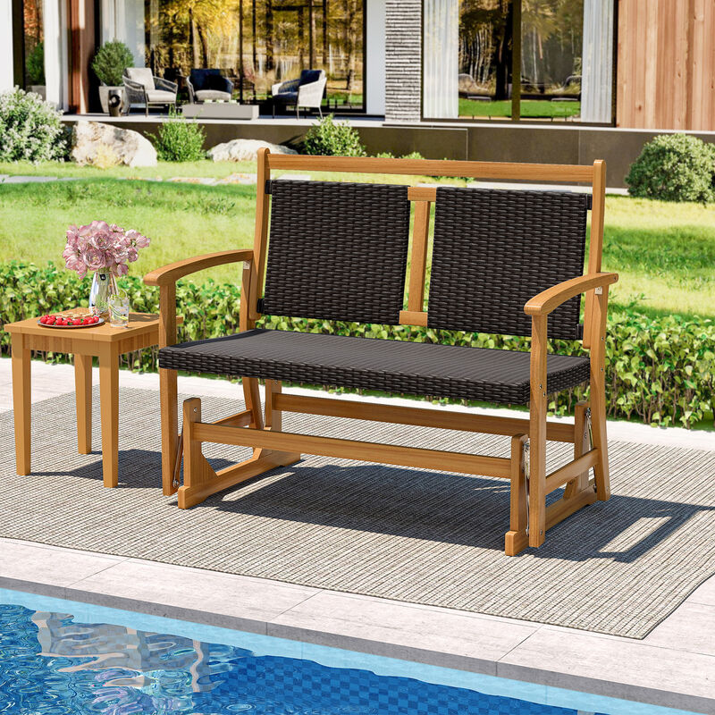 Acacia Wood Rattan Glider Chair, Outdoor Patio Furniture with Wicker Back