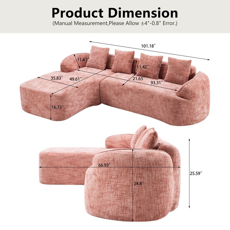 Clihome Chenille L-Shaped Compressed Sofa. High-Elastic Sponge, Curved Armrests And Four Throw Pillows. image number 4