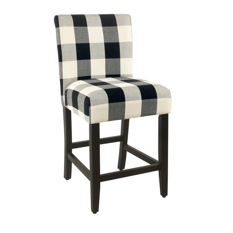 Wooden Counter Height Stool with Plaid Pattern Fabric Upholstery, Black and White image number 0