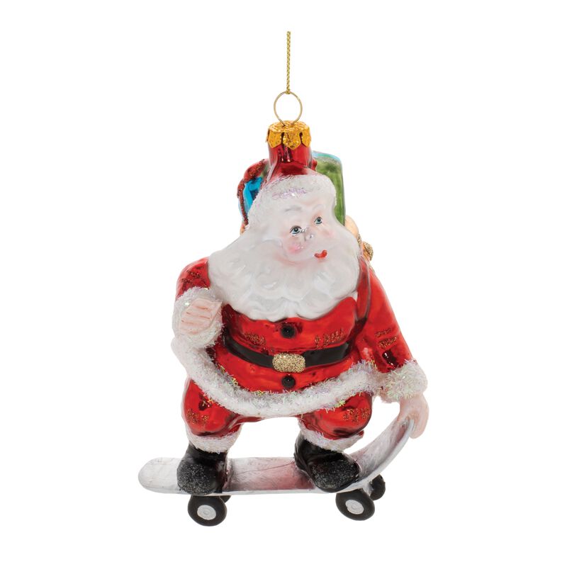 Whimsical Santa on Skateboard Ornaments &ndash; Set of 6 Glass Christmas Decorations for Kids and Fun-Loving Decor