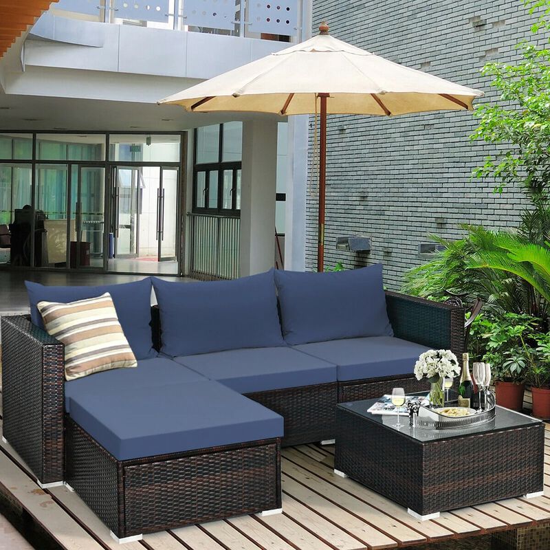 Mondawe 5 Pieces Patio Rattan Sectional Furniture Set with Cushions and Coffee Table