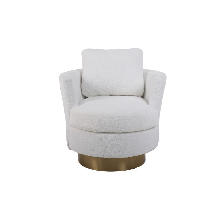 Teddy Swivel Barrel Chair, Swivel Accent Chairs Armchair for Living Room, Reading Chairs for Bedroom Comfy, Round Barrel Chairs with Gold Stainless Steel Base(White)