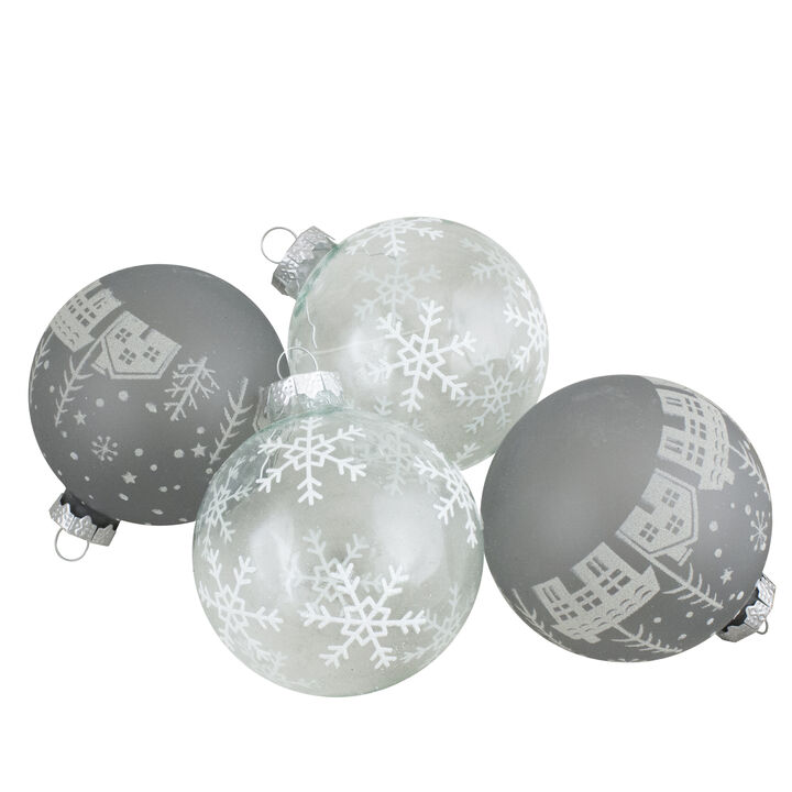 4 ct Gray and Clear Glass Ball Hanging Christmas Ornaments 3.25-Inch (80mm)